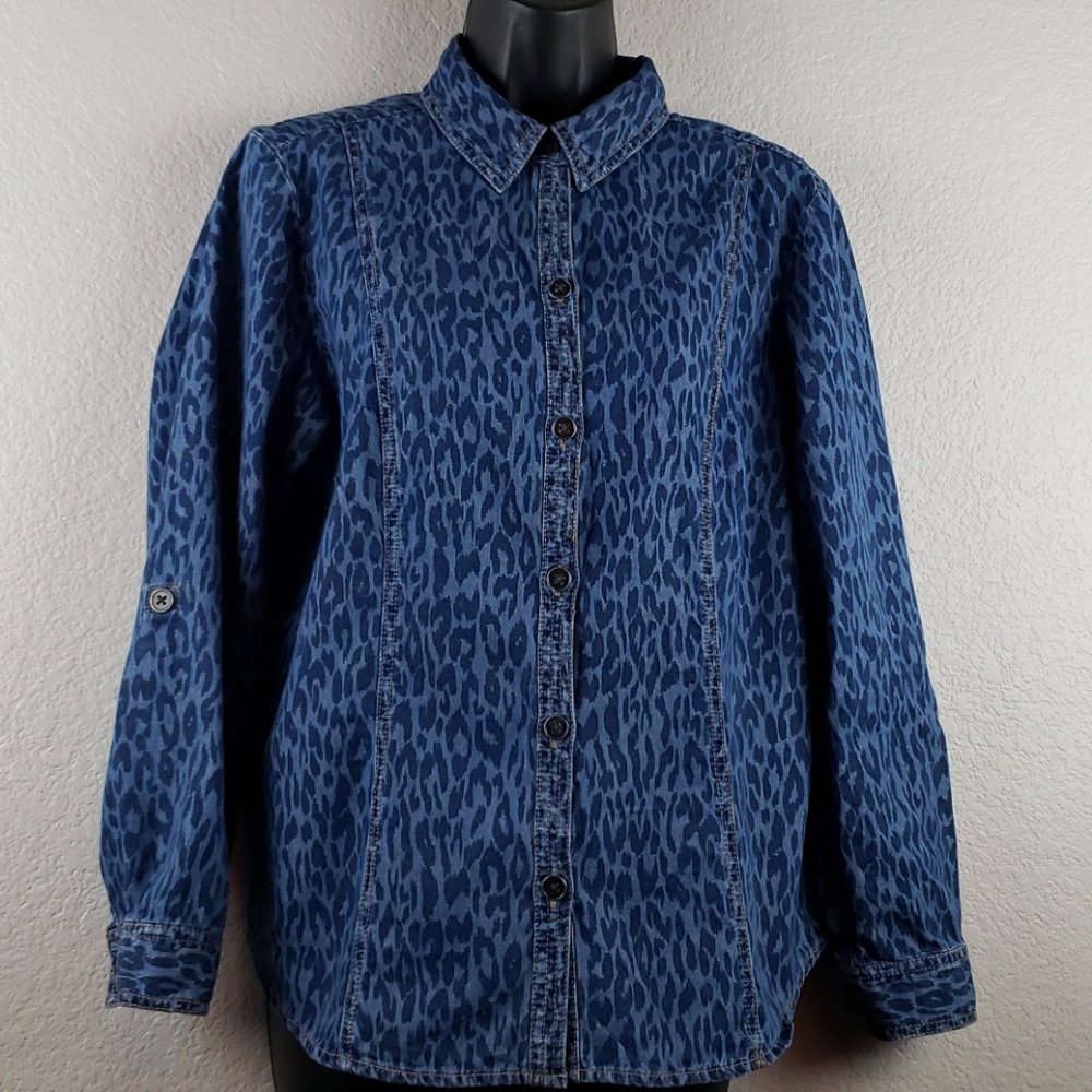 Blue Animal Print Denim Button-Up Shirt